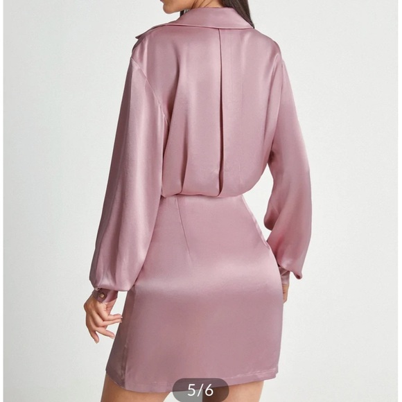 Pink Satin Long Sleeve Collared Button Front Shirt Dress- Size Small - Picture 5 of 10